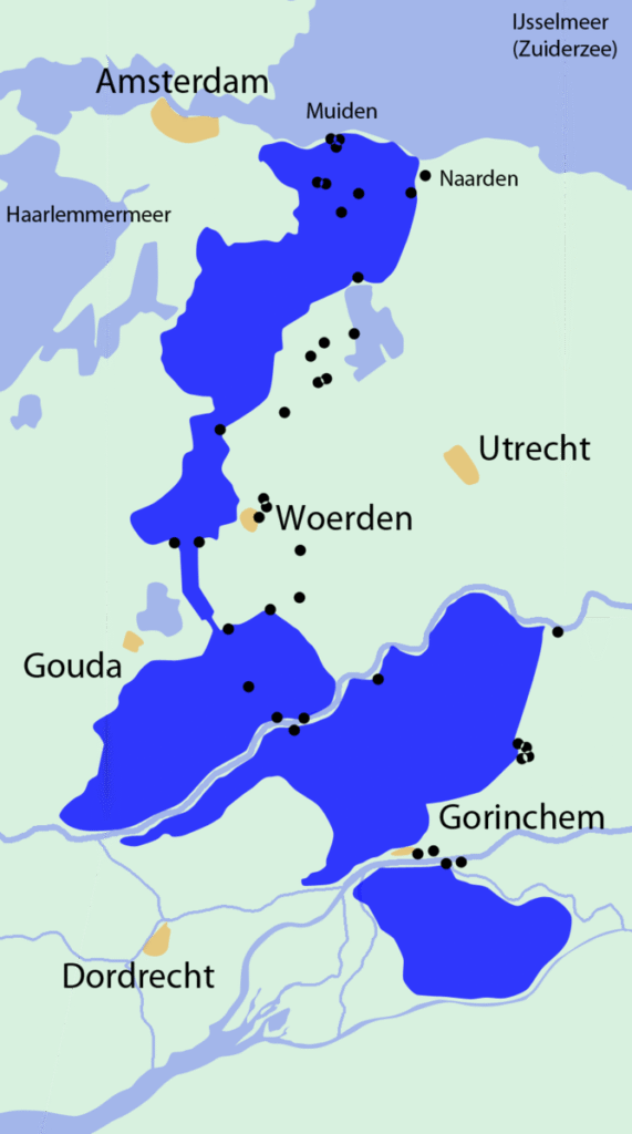 Schematische kaart van De Republiek, links boven Amsterdam, links onder Dordrecht. Rechts Utrecht en Gorinchem. In het midden is een groot blauw vlak dat van de Zuiderzee (tussen Muiden en Naarden) naar links afbuigt richting het Haarlemmermeer, dan smaller wordt tot Woerden. Tussen Woerden en Gouda is er een smal stuk dat dan weer breed wordt rondom de Lek. Het deel tussen de Waal en de Lek is heel breed tot Gorinchem waar het weer smaller wordt. Het onderste stuk ligt onder de Waal bij Gorinchem.