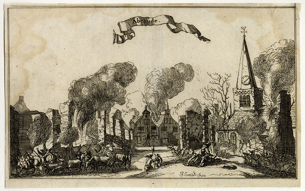 Een dorpsgezicht met links een bijna afgebrand huis, achter twee huizen waar de rook uit het dak komt, rechts een ruïne en de kerk. Rechts op de voorgrond militairen die schieten en oprukken met speren, links verzamelen mensen hun vee in bezittingen en trekken weg. In het dorp groepjes mannen die vechten.