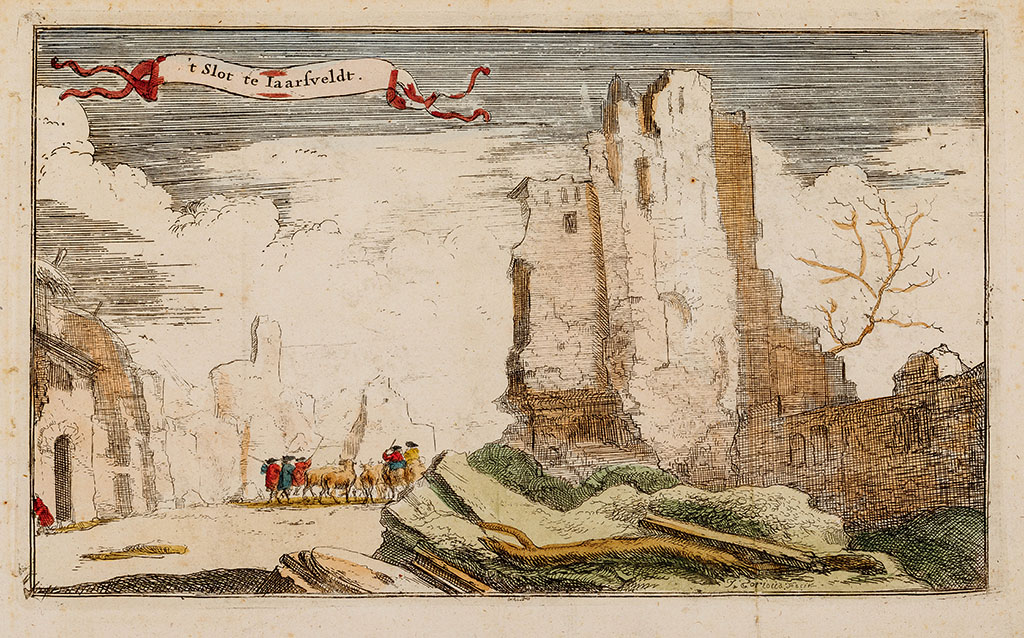 Ingekleurde gravure van de restanten van een kasteel. Rechts staan nog hoge muren, ervoor ligt een boom, Links staan ook nog muren, maar lager. Tussen de restanten lopen drie mannen met koeien en rijden twee mannen te paard.