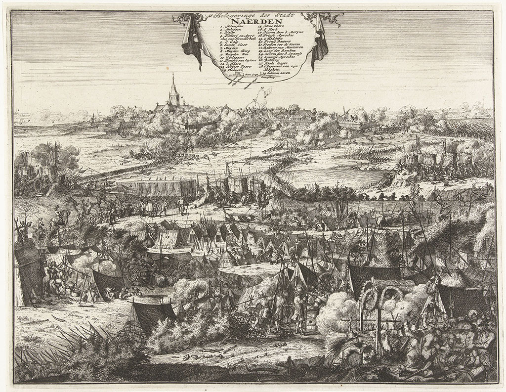 Belegering en verovering van Naarden door de prins van Oranje, 12 september 1673. Op de voorgrond scènes uit het soldatenleven in het legerkamp. In de verte het beleg en de bestorming van de stad. Bovenaan een hangende doek met titel en legenda