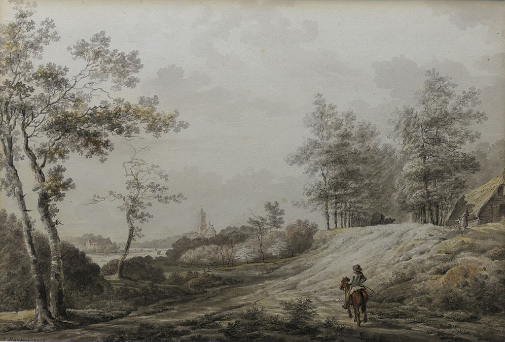 In een landschap rijdt een ruiter. Vlak voor hem ligt een heuveltje waar hij op moet. Bovenop het heuveltje rijdt al een koets. Rechts van het pad staat een hutje, ernaast staat een vrouw met een kind. Linksom loopt onderlangs langs een bossage ook een pad met rechts bossages en links weilanden. Links in de verte ligt een groot huis en rechts daarvan een kerk.