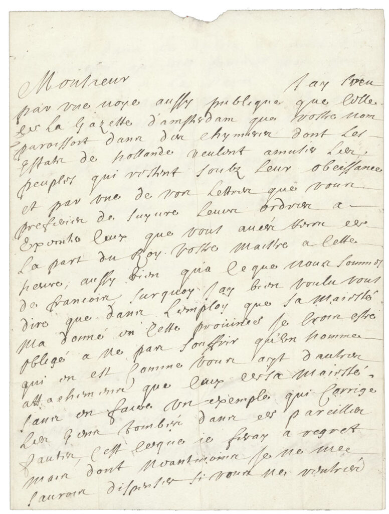 De brief aan Godard Adriaan, in het Frans in hanepoten, maar niet een heel ouderwets handschrift.