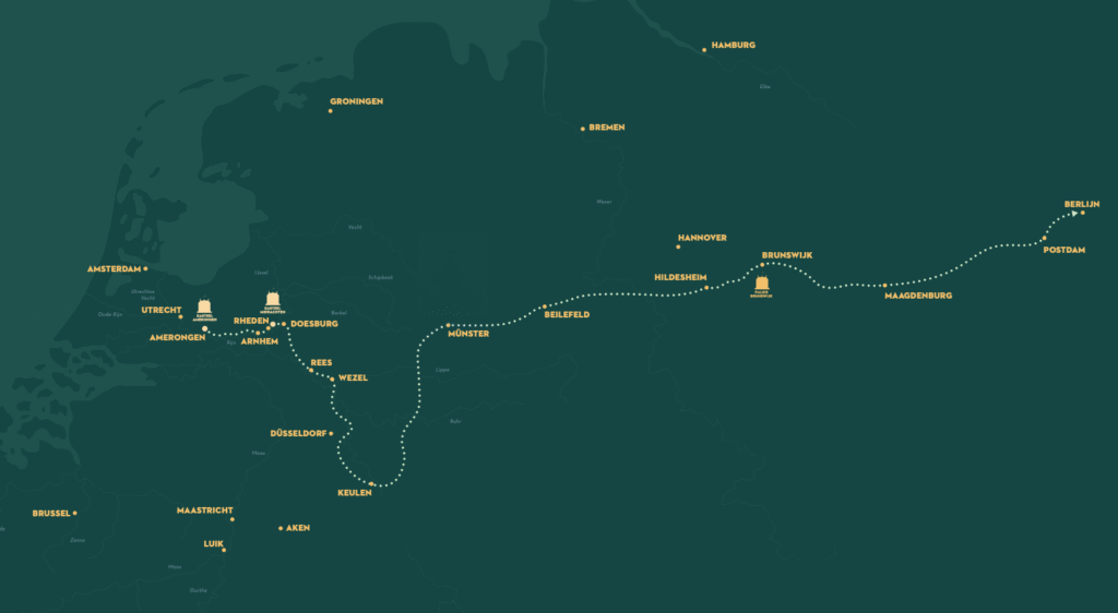 Een plattegrond van Nederland en Duitsland met een lijn van Kasteel Amerongen via Kasteel Middachten, Keulen, Münster en Brunswijk naar Berlijn.