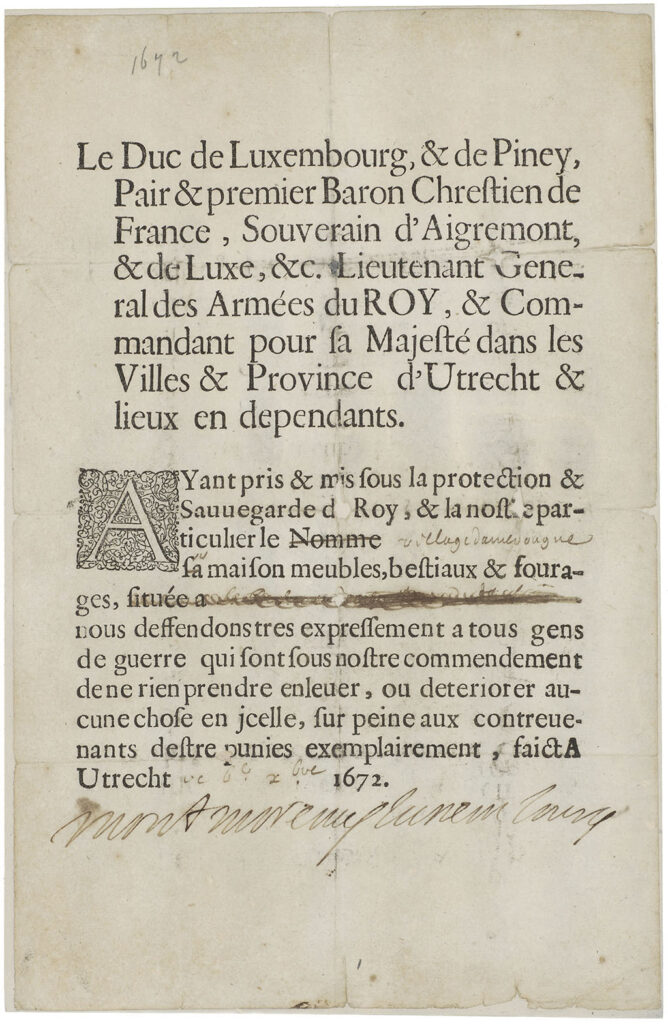 Gedrukte aankondiging in het Frans ondertekend. Ville d'Ameronge is met de hand ingeschreven. Het document is ondertekend door de Hertog van LUxemburg
