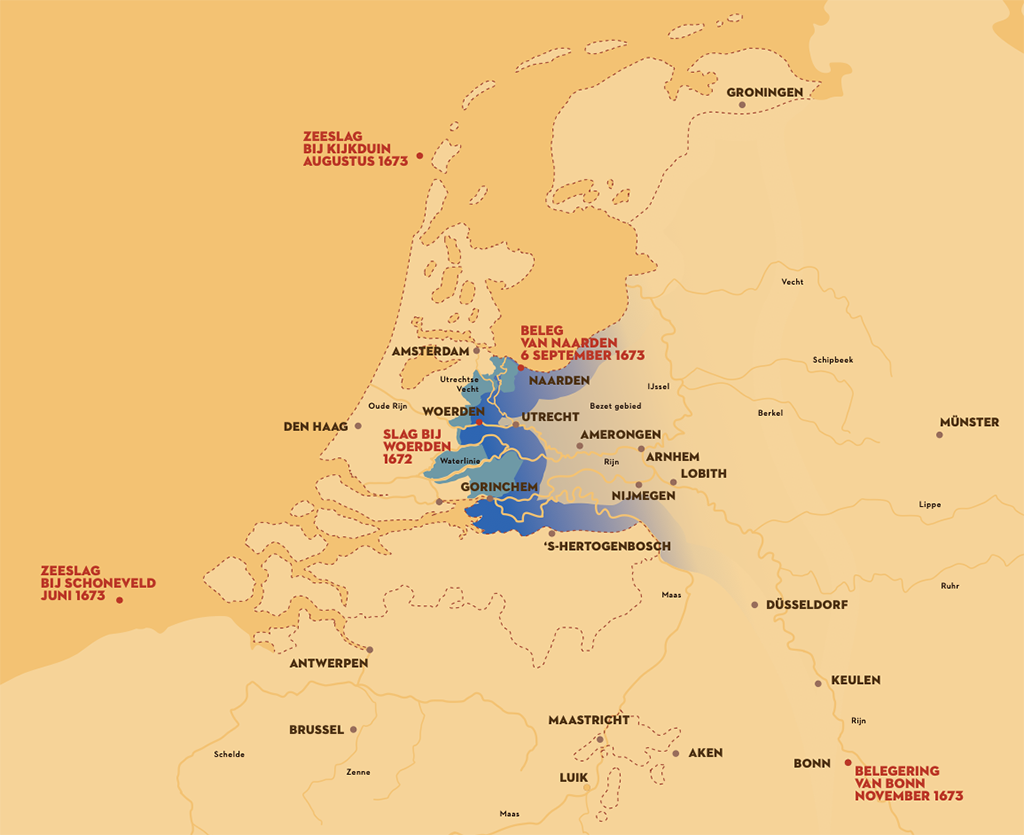 Plattegrond van Nederland met in het midden de waterlinie en de grens tussen het nog vrije Holland en de door Franse en Duitsers bezette gebieden. In rood zijn de Slag bij Woerden (1672), de Zeeslag bij Schoneveld (juni 1673), de Zeeslag bij Kijkduin (augustus 1673), het Beleg van Naarden (6 september 1673) en de Belegering van Bonn (november 1673) opgenomen.