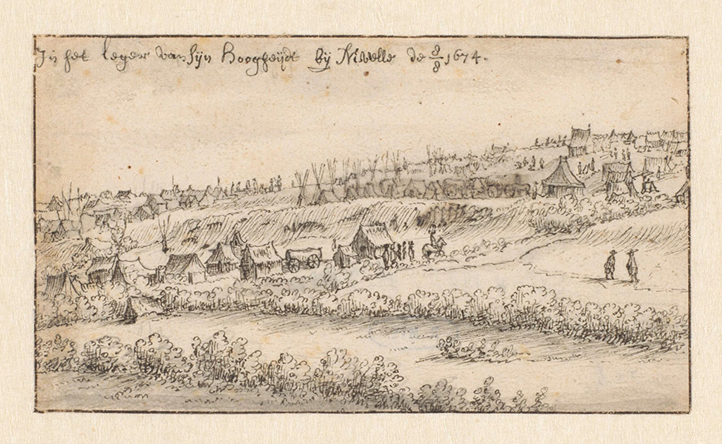 Een heuvelachtig landschap met snel getekende tenten en soldaten met paarden tussen bosjes. Boven de tekening staat: In het leger van Sijn Hoogheijdt bij Nivello de 8/8 1674.