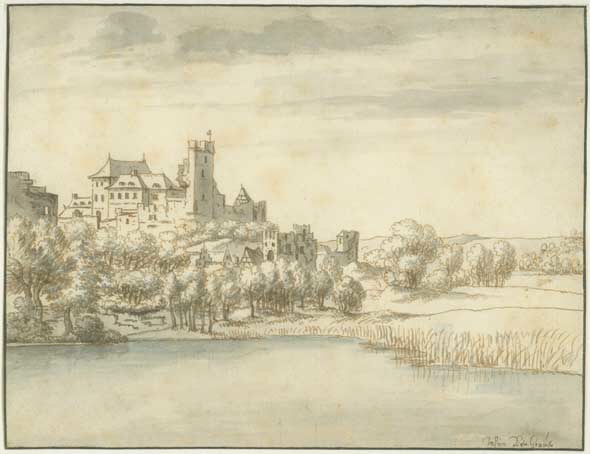 Tekening van een kasteel dat boven op een heuvel ligt. Om de heuvel heen staat bos, wat verder weg weilanden. Op de voorgrond water.