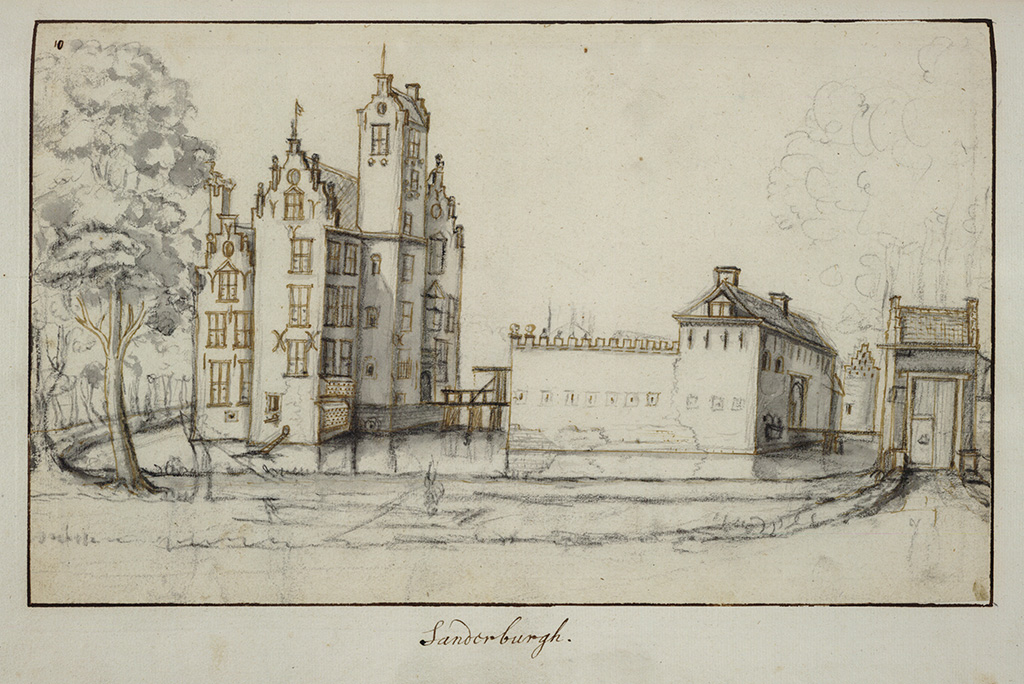 Gezicht op het omgrachte kasteel Sandenburg te Nederlangbroek (gemeente Langbroek) uit het zuiden, met rechts de ommuurde voorburcht met de toegangspoort en rechts vooraan het poortgebouwtje aan de Langbroekerwetering.