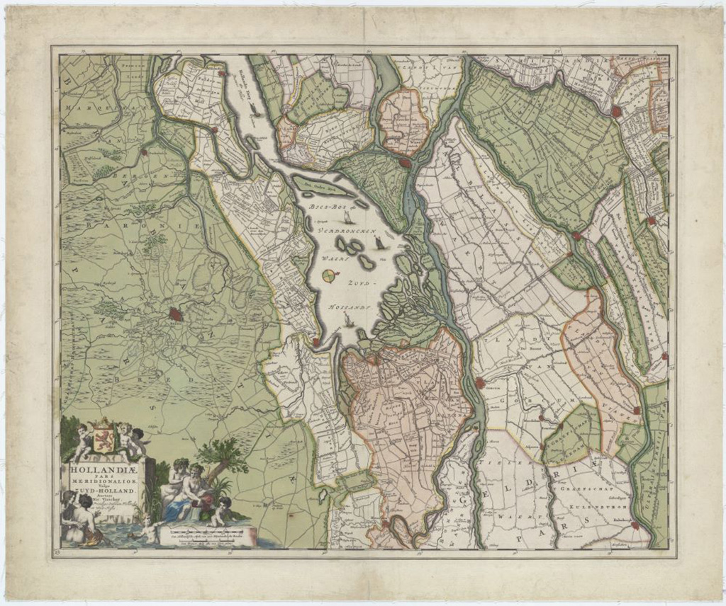 Antieke topografische kaart van West-Brabant, destijds onderdeel van het gewest Holland met daarop de cultuur-historische regio's te zien. Links op de kaart ligt de Baronie van Breda, dan de Langstraat, dan het Land van Altena en vervolgens een deel van het gewest Gelderland.