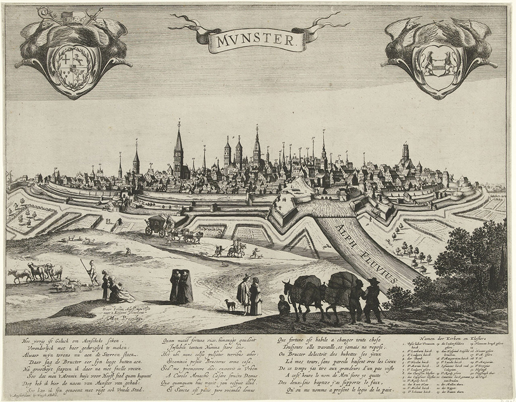 Gravure van de stad Münster, op de voorgrond staan mensen, nonnen, bepakte ezels en schapenhoeders. Je ziet duidelijk de verdedigingswerken, de stadsmuur en alle torens binnen de stad.