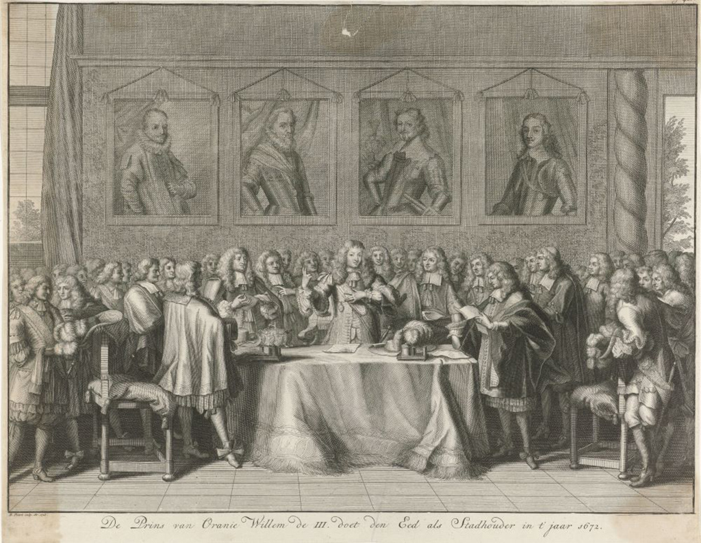 De beëdiging van prins Willem III tot stadhouder van Holland en Zeeland door de Staten-Generaal, 10 juli 1672. Aan de muur portretten van de stadhouders Willem I, Maurits, Frederik Hendrik en Willem II.