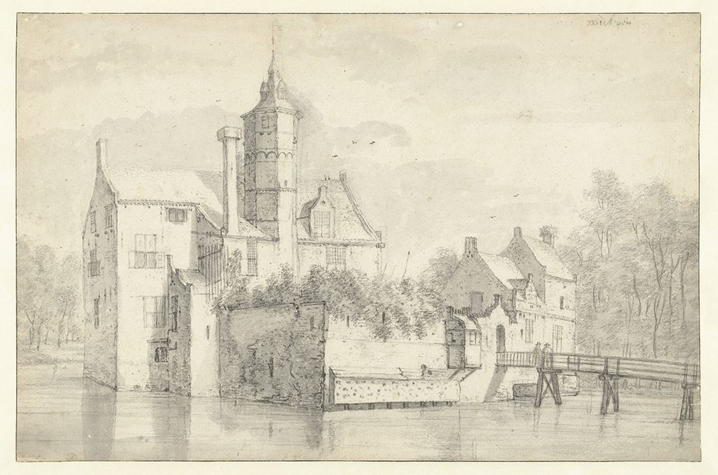 Tekening van een kasteel in een brede gracht. Rechts een houten brug naar een eenvoudige, smalle poort. De muren rijzen op uit het water. Voor op de muur een duiventil, over de muur hangt het groen van het voorplein. Daarachter een hoog, statig huis, met midden voor een zeskantige toren, daarnaast op het zadeldak een hoge schoorsteen. Links naast het poortje een secreet dat over de gracht hangt, rechts het poortgebouw. Op de brug staan twee mannen.