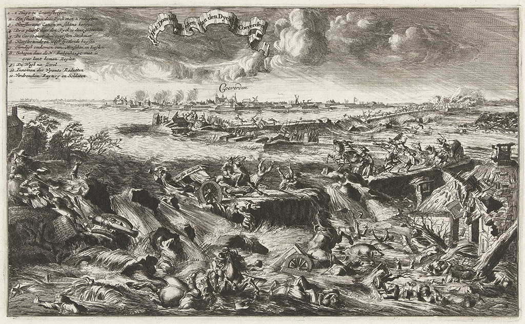 Dijkdoorbraak bij Coevorden, 1 oktober 1673. Vijandelijke ruiters en geschut worden door het water weggespoeld, in de verte de stad Coevorden.