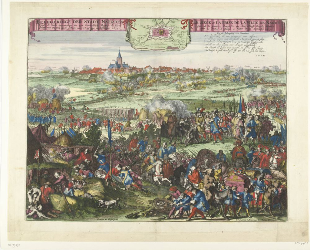 Belegering en verovering van Naarden door de prins van Oranje, 12 september 1673. Op de voorgrond scènes uit het soldatenleven in het legerkamp. In het midden knielt de burgemeester van Naarden voor de prins die wordt omringd door zijn staf van officieren. In de verte het beleg en de bestorming van de stad. Bovenaan op een opgehangen doek een kaartje van de stad en de posities van de belegeraars, hiernaast een vers 'Op de Belegering van Naerden' in zes regels. Met meerdere opschriften in de voorstelling.