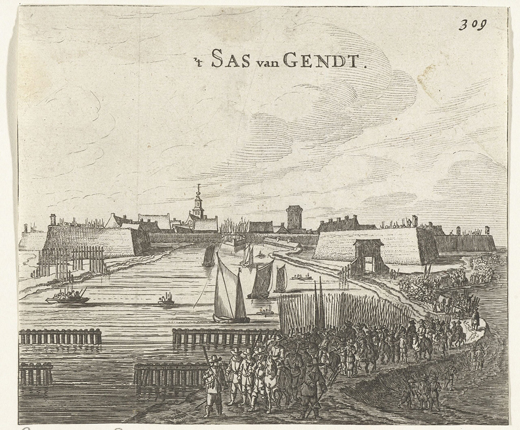 Beleg en inname van Sas-van-Gent door het Staatse leger onder Frederik Hendrik, 28 juli tot 5 september 1644. Gezicht op de versterkte stad met op de voorgrond het optrekkende Staatse leger. Met paginanummer 309.