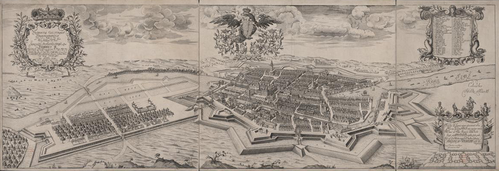 Plattegrond in vogelvlucht van Berlijn. Duidelijk is de bastionstructuur van de stad en de Spree die de stad in tweeën deelt. Links op de voorgrond een nieuw bastion: Dorotheenstadt.