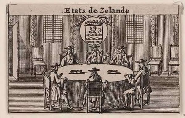 Zes mannen zitten met hoeden op aan een ronde tafel. Ze lijken een geanimeerde discussie te voeren. de ruimte is groot en langs de wand staan lege stoelen. Op de achterwand hangt tussen de ramen het wapen van Zeeland. Boven de gravure staat Etats de Zelande.