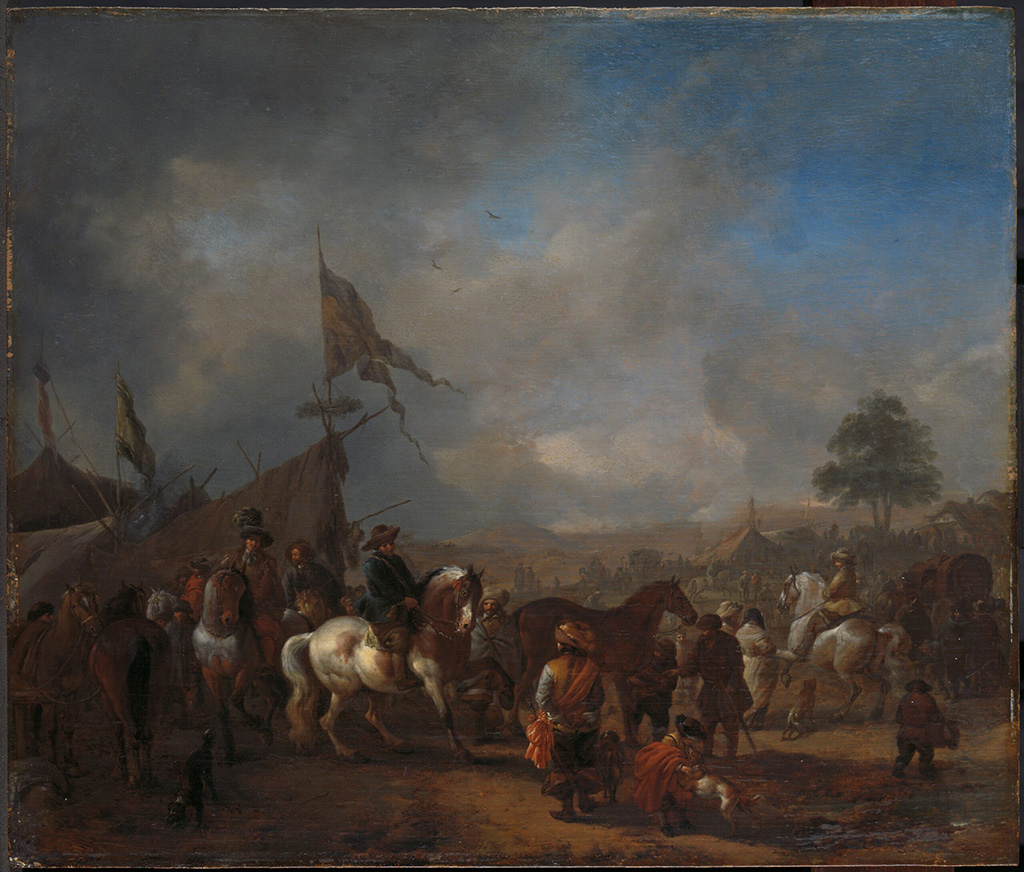 Een schilderij met veel mensen. Er zitten een aantal ruiters te te paard, er staan afgetuigde paarden en er staan tenten met vlaggen erop. Er staan diverse mannen en een enkele vrouw. Op de voorgrond aait een jongen een hond.