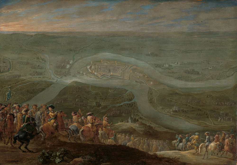 De troepen van Lodewijk XIV voor Schenkenschans, 18 juni 1672. Vanaf de voorgrond dalen links en rechts ruiters een heuvel af op weg naar de vesting, gelegen in de vlakte bij de splitsing van Rijn en Waal. Op de voorgrond een groep officieren te paard, op de achtergrond een plattegrond van de streek in vogelvluchtperspectief met van alle kanten oprukkende legers.