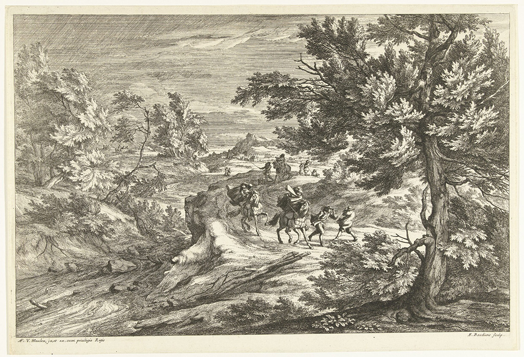 Een ets van een landschap met rechts een boom die naar links waait. Links daarvan loopt een weg en links daarvan een beek. Links van de beek meer bomen die duidelijk bewegen in de wind. Voor op de weg een paar reizigers. Twee te voet en twee te paard. De ene te voet heeft zijn rug naar de wind gekeerd, de ander loopt met zijn neus in de wind.