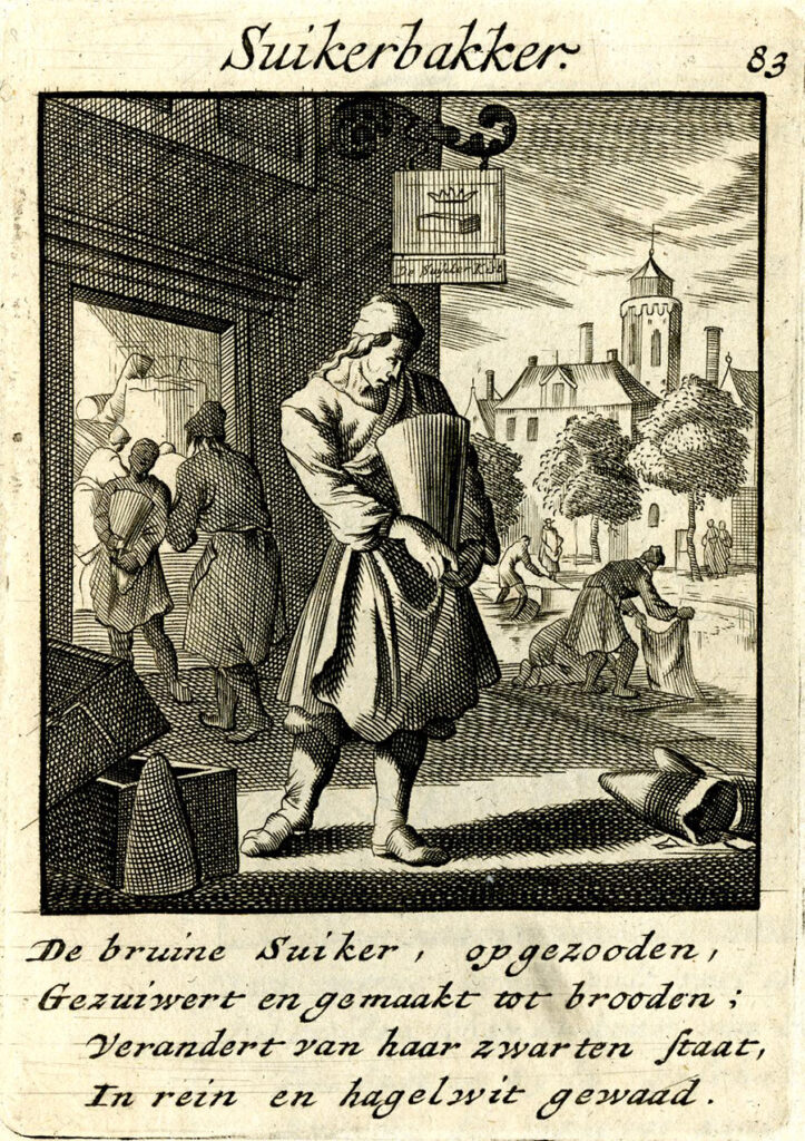In een stad staat een man voor een soort winkel, hij heeft een omgekeerde kegel die zeker 50 cm hoog is in zijn armen. Dit is de vorm waarin de suikerbakker de broden maakte. In de winkel zijn mensen bezig en sjouwt nog iemand met een suikerbrood. Rechts een gracht waarin mensen aan lakens aan het wassen zijn en waarin een bootje vaart. Op de achtergrond een kerk. Onder de afbeelding staat: De bruine Suiker , opgezooden , Gezuiwert en gemaakt tot brooden ; Verandert van haar zwarten staat, In rein en hagelwit gewaad.