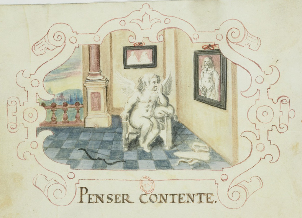 In een kamer met een blauw getegelde vloer en een balustrade met uitzicht op een landschap hangen twee schilderijen. Op één van de schilderijen staat een jonge vrouw afgebeeld. Midden in de kamer staat een stoep waarop cupido zit. Hij kijkt smachtend naar het schilderij, zijn boog en pijlenkoker liggen voor hem op de grond. Onder de afbeelding staat Penser contente.