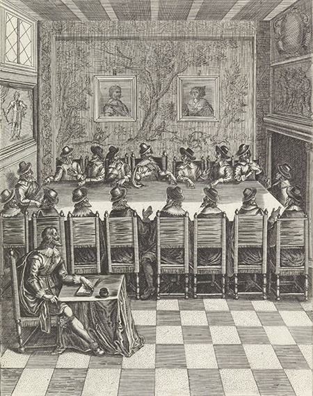 Zeventien leden van de Staten-Generaal vergaderen aan een rechthoekige tafel. Een griffier noteert de besluiten in een boek. Aan de muur een wandtapijt met een jachtscène en de portretten van Frederik Hendrik en zijn vrouw Amalia van Solms. Links een schilderij van een ridder. Onderaan twee keer twee regels tekst in het Frans. De prent maakt deel uit van een boek over het bezoek van Maria de Medici aan de Nederlanden om de bemiddeling te verzoeken tussen haar en haar zoon Lodewijk XIII.