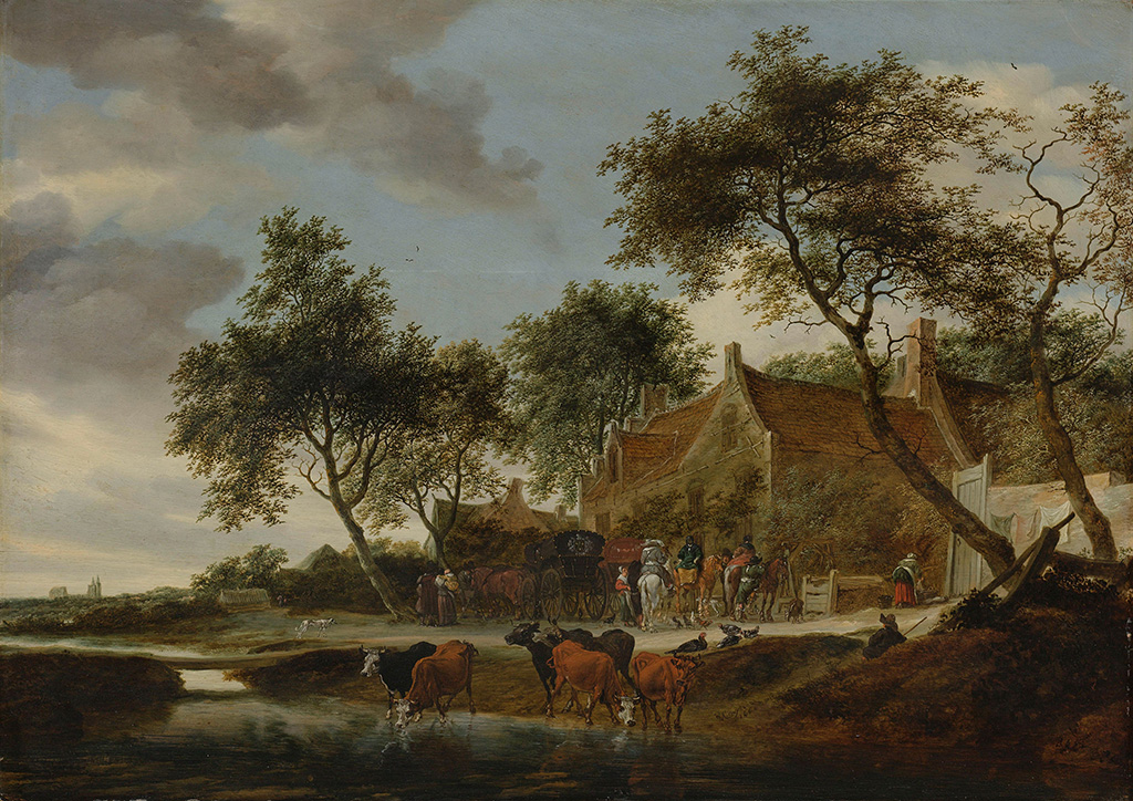 Pleisterplaats. Voor een herberg houden enkele wagens en ruiters halt om te rusten. Op de voorgrond drinken koeien uit een sloot, daarnaast een herder en enkele kippen.