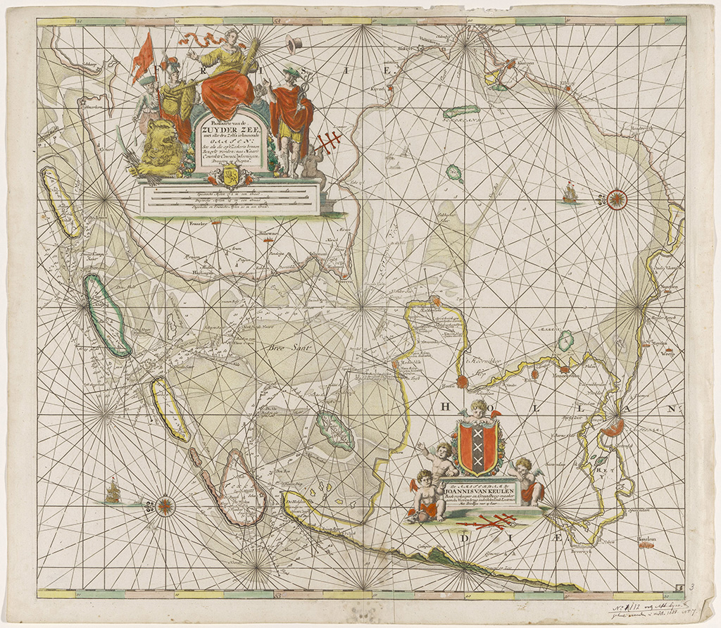 Paskaart van de Zuiderzee en de Waddenzee, met alle zandplaten en diepten. Met de Waddeneilanden (met uitzondering van Schiermonnikoog) en een groot stuk van West-Friesland, Overijssel en Noord-Holland, en twee kompasrozen, het Noorden ligt links. Linksboven de titel, omringd door de Hollandse Leeuw, Minerva, een vrouw met een pijlenbundel en een vredeshoed, Mercurius en een schipper. Onder de titel, schaal in Duitse, Spaanse en Engelse of Franse mijlen. Rechtsonder het wapen van Amsterdam en een steen waarop het adres van de uitgever, geflankeerd door putti.