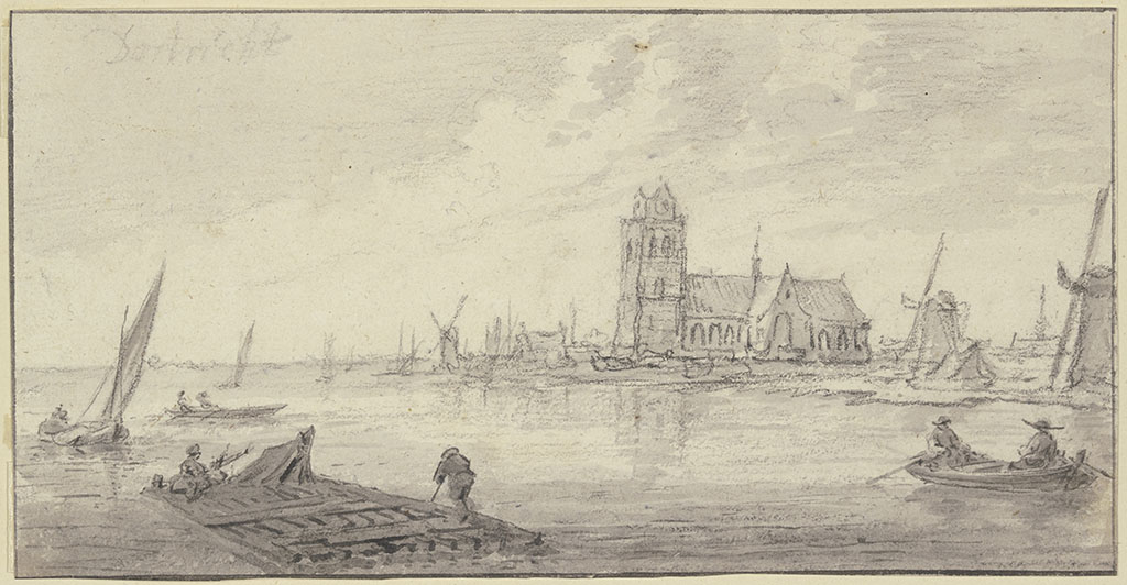 Een brede rivier met op de achtergrond de grote kerk van Dordrecht. Links voor twee mannen op een vlot van gigantische boomstammen. Rechts een roeibootje en voor het vlot twee zeilbootjes.