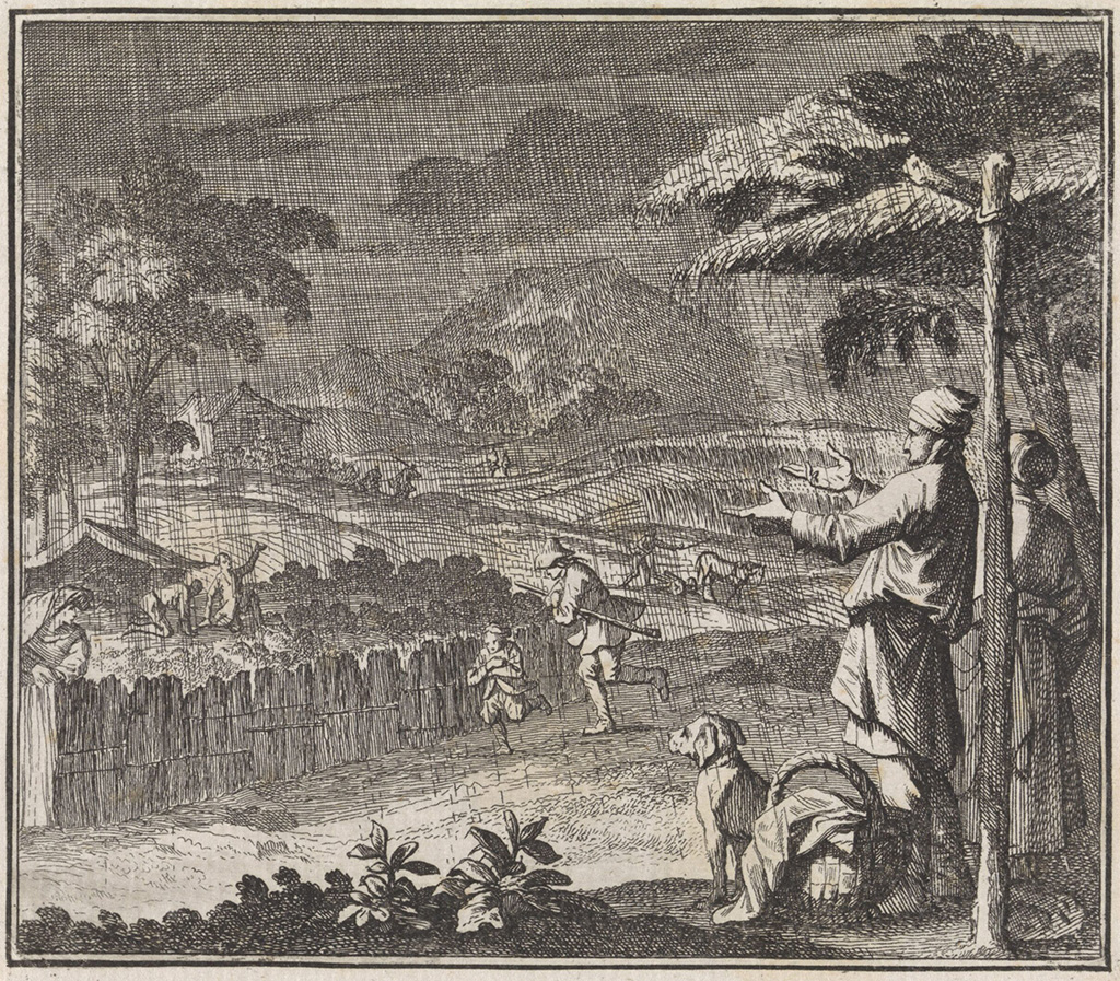 Een landschap tijdens een wolkbreuk. Mensen rennen rond op zoek naar een schuilplaats voor de regen. Op de voorgrond een man, een vrouw en een hond onder een afdak.