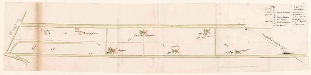 Kaart van twee sloten evenwijdig aan elkaar met op regelmatige afstand molens ingetekend met daarbij een onleesbaar handschrift. Rechts Staan drie kolommen, in de eerste kolom het soort molen (korenmolen of zaagmolen), in de tweede kolom de naam van de eigenaar en in de derde kolom de naam van de molen.