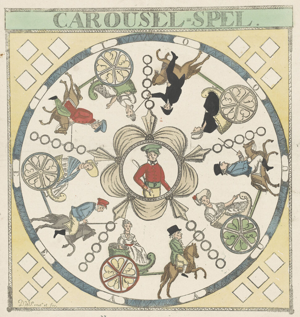 Bordspel genaamd Carousel-Spel uit 1823. Centraal een pikeur met zweep waaromheen vijf koetsjes waarin een vrouw zit en getrokken door een paard waarop een man zit. Onderdeel van een groep van kinder- en gezelschapsspelen gedrukt in de periode ca. 1750-1850.