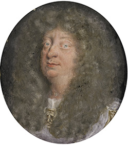 Portret van Georg Wilhelm (1625-1705), hertog van Brunswijk-Luneburg. Buste, naar links. Hij heeft een grote bos met krullen die bijna het hele medaillon vult, hij heeft een fors hoofd, bleek gelaat en hele lichte blauwe ogen en een flinke neus. Hij draagt een wit hemd met wat strikken er op.