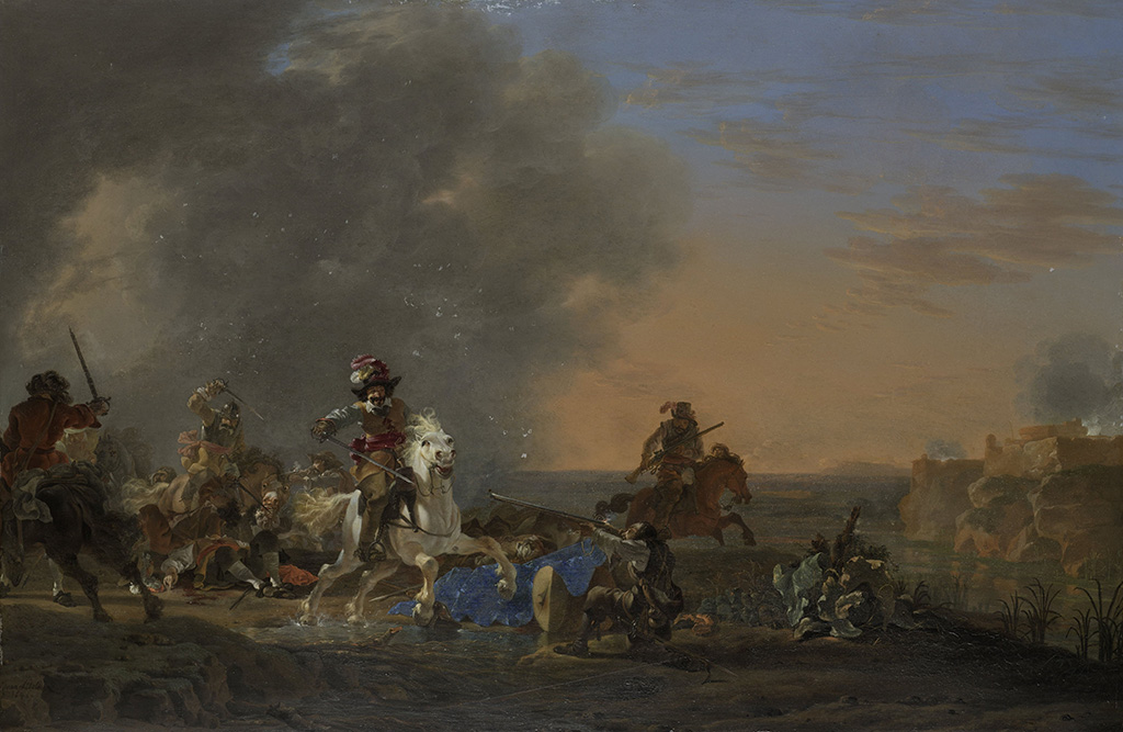 Op een klif bij een kust strijden vier ruiters te paard met zwaarden tegen mannen op de grond. Één man probeert met een geweer op een paard met ruiter te schieten.