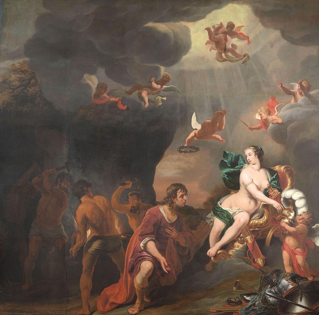 Aeneas ontvangt door voorspraak van Venus een nieuwe wapenrusting in de smidse van Vulcanus. In het midden knielt de held voor de godin. Een Cupido reikt hem de helm, vooraan liggen de andere delen van het harnas. Door de lucht buitelen putti, één met een lauwerkrans. Links werken vier smeden boven een vuur.