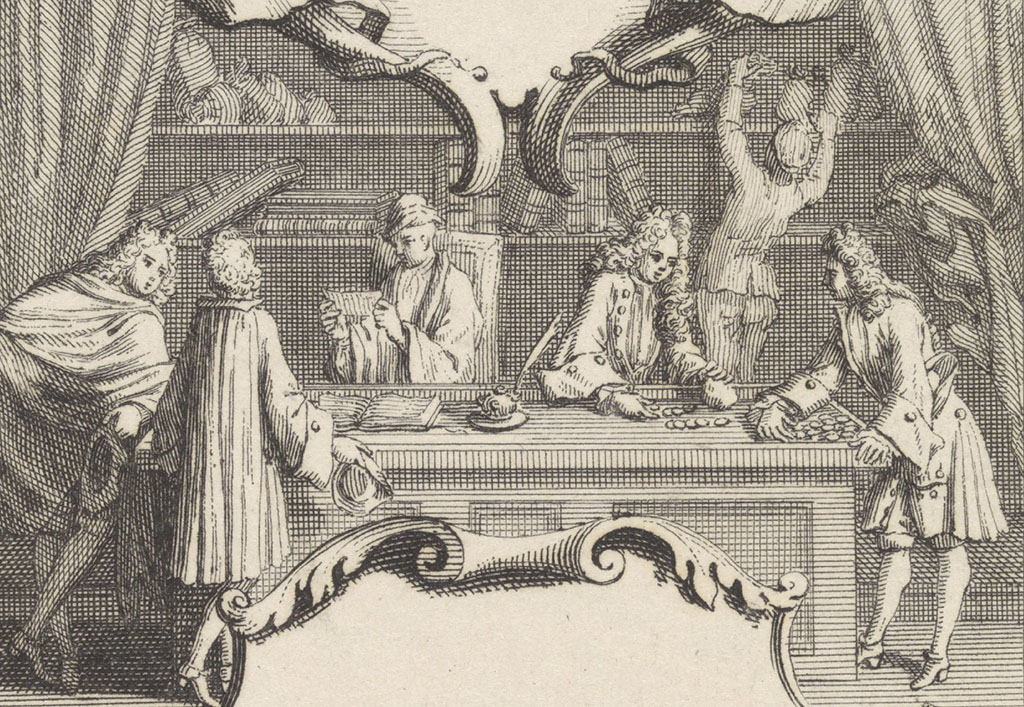Mannen rond een tafel betalen geld uit. Daarachter bedienden die geld op de planken opbergen.
