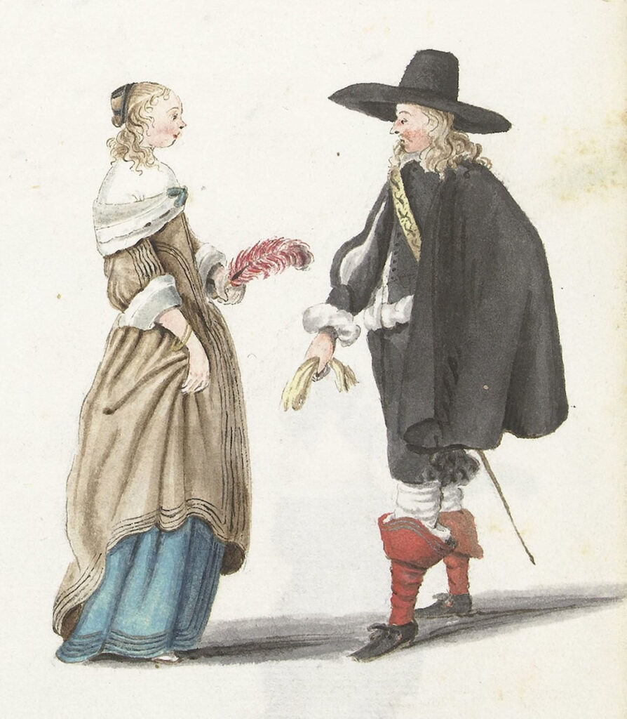 Een jonge dame en een jonge man zijn in gesprek. De dame draagt een bruine jurk met blauwe onderrok, haar haar is opgestoken met wat krulletjes los rond haar hoofd springend. In haar linker hand heeft ze een rode veer. De heer is in het zwart met een hoed met brede rand en een cape. Zijn haar valt los over zijn schouders. Hij draagt rode laarzen en onder zijn cape steekt een degen uit. In zijn rechterhand heeft hij een paar lichte handschoenen.