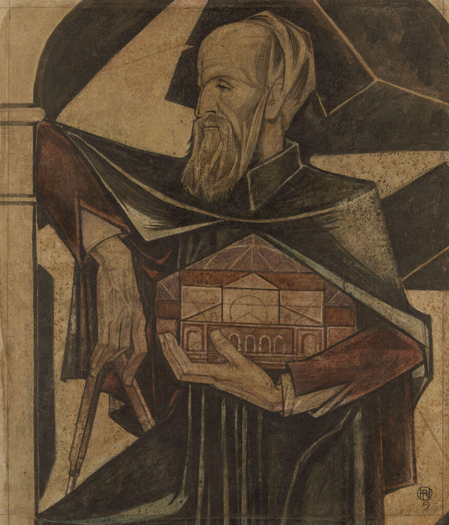 De bouwmeester. Een staande man, ten halven lijve, in de rechterhand een passer, in de linkerhand een schaalmodel van een gebouw. Soms geïnterpreteerd als Iram, de architect van de tempel van Salomo.