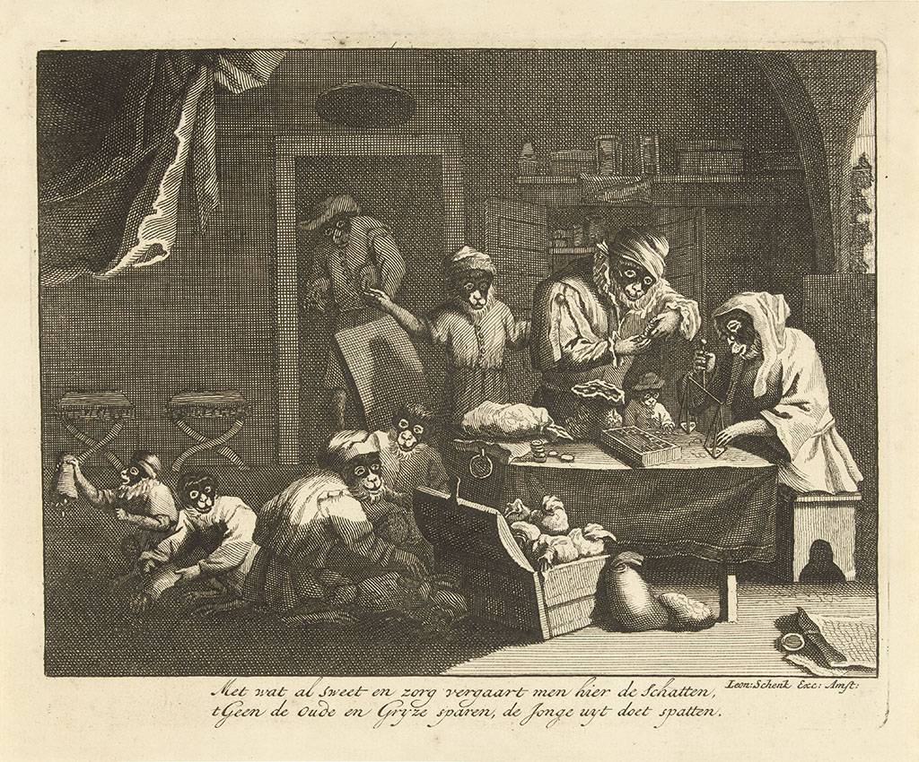 In een interieur staat een tafel waaraan een aap zit met een weegschaal en daar geld op weegt. Een andere aap komt geld brengen. Voor de tafel staat een kist met zakken geld. Links op de grond zitten jonge apen die het geld uit zakken schudden. Onder de prent staat: Met wat al sweet en zorg vergaart menhier de schatten, tGeen de oude en Grijze sparen, de jonge uyt doet spatten.