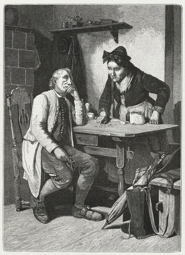 Een man zit in een stoel leunend met zijn elleboog op tafel. Achter de tafel staat een vrouw. Zij wijst op een aantal munten dat naast kruidenierswaren op tafel ligt.