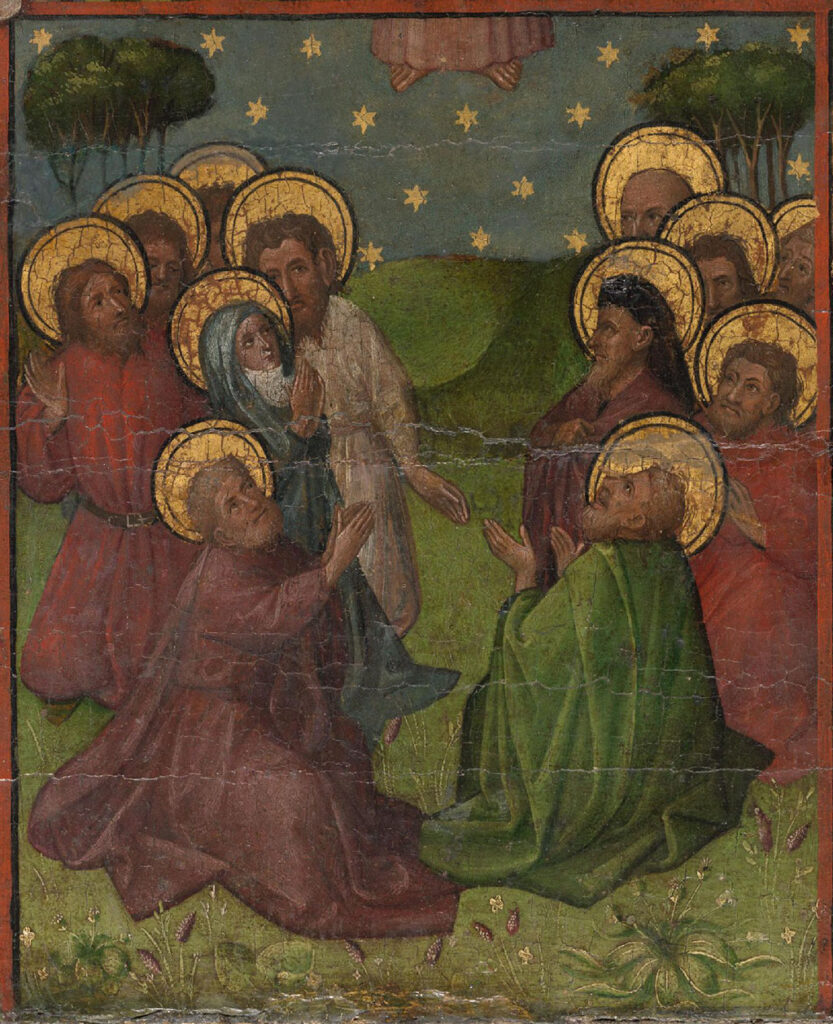 De discipelen en Maria zitten geknield op het gras en kijken naar boven. Tegen een sterrenhemel zien we nog net twee voeten.