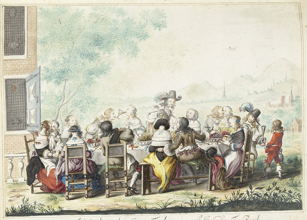 Aan de linkerkant zien we nog net een stukje van de gevel van een groot huis met ramen met heraldische wapens. In het gras staat een lange tafel met allemaal mensen erom heen. Op tafel staat eten en de mensen vermaken zich met elkaar, er wordt geflirt, getoast en gekletst. Een kleine jongen loopt rond om de glazen bij te vullen.
