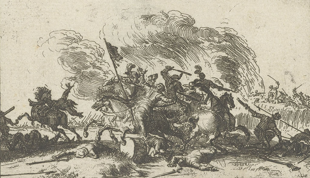 Mannen te paard zijn met elkaar in gevecht. Op de grond liggen dode mannen, links valt een an van een weg galopperend paard. Rechts schiet een knielende man op de ruiter achter zich.