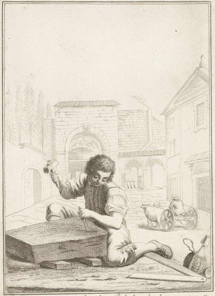 Een steenhouwer aan het werk op straat. Naast hem op de grond ligt een grote winkelhaak. Op de achtergrond de Porta Romana te Florence.
