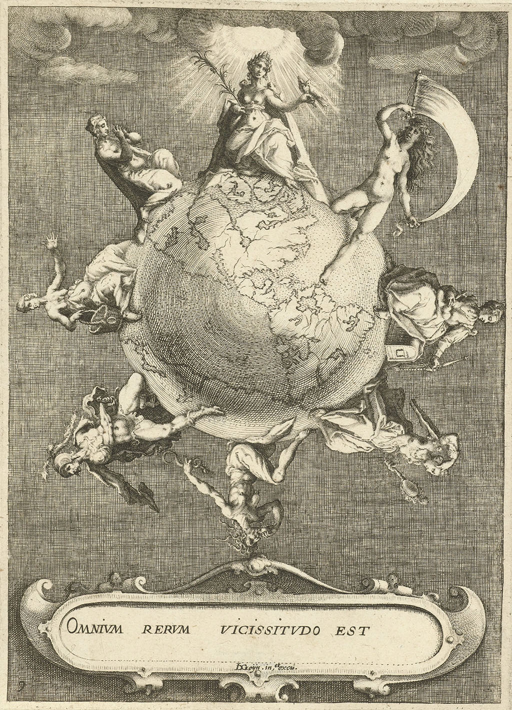 Ets van een wereldbol met deugden en ondeugden. Onder de wereldbol een cartouche met de titel: Omnium rerum vicissitudo est.