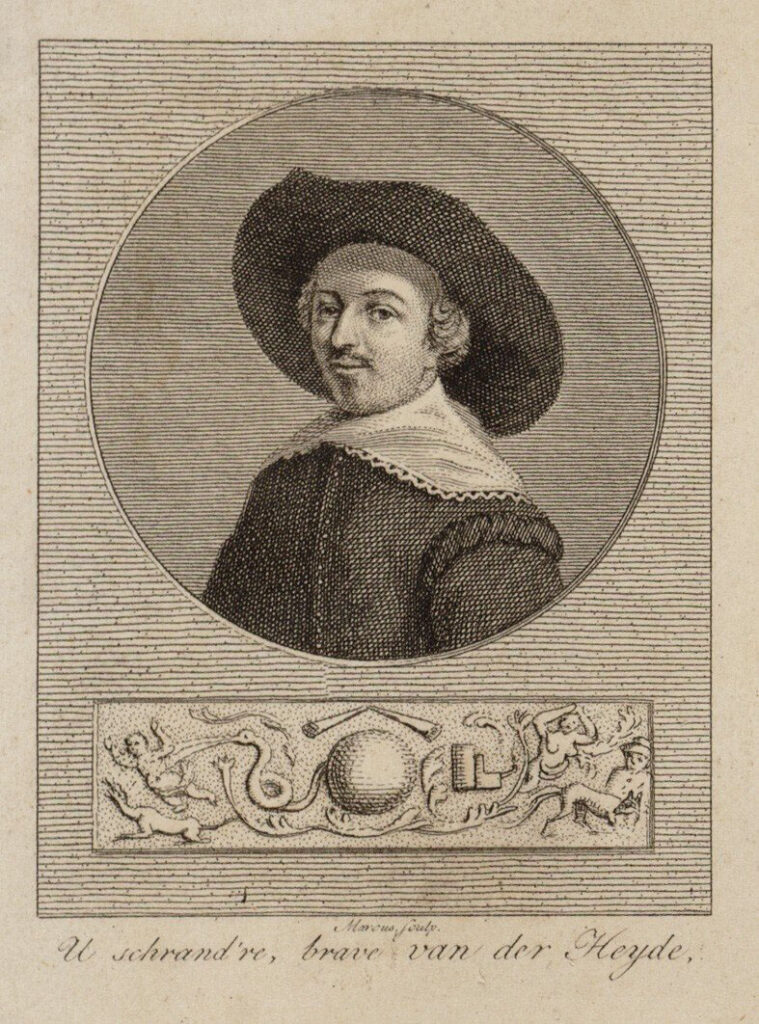 Een portret van een man met een grote zwarte hoed en een witte kraag in een rond cartouche. Onder het cartouche een verwijzing naar zijn werk als uitvinder van de slangbrandspuit en opzichter over brandblusmiddelen, schutsluizen en stadswateren.