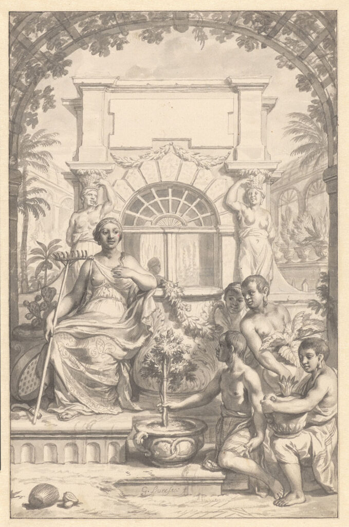 Op een troon zit een vrouw (ceres?) met een hark in haar hand. Rechts van haar presenteren Afrikaanse jonge mannen verschillende planten.
