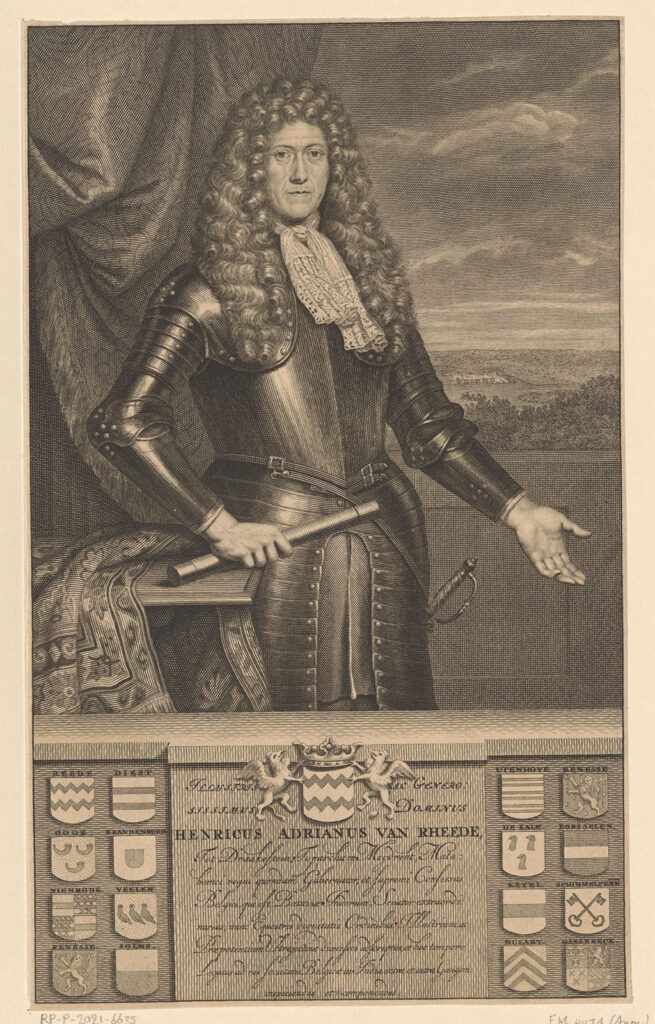 Voor een gordijn met op een achtergrond een wijds uitzicht staat een man met een grote krullenpruik. Hij draagt een harnas met een jabot en een degen aan een riem om zijn middel. In zijn rechterhand heeft hij een maarschalkstaf en daarmee rust hij op een tafeltje. Onder het portret de zestienkwartieren van zijn voorouders.