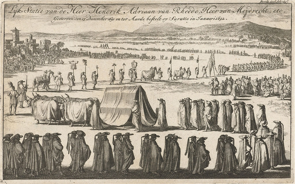 De begrafenis van Hendrik Adriaan Baron van Rheede tot Drakestein te Surat ijn India, januari 1692. Begrafenisstoet buiten de stad met een lijkwagen getrokken door vier ossen. Erboven staat: Lyk-Statie van de Heer Hendrik Adriaan van Rheede, Heer van Meydrecht, etc. Gestorven den 15 December 1691 en ter Aarde bestelt op Suratte in Januari 1692